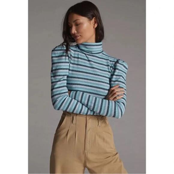 Anthropologie Maeve Puff Sleeved Turtleneck Top Blue Size XL - Picture 1 of 9